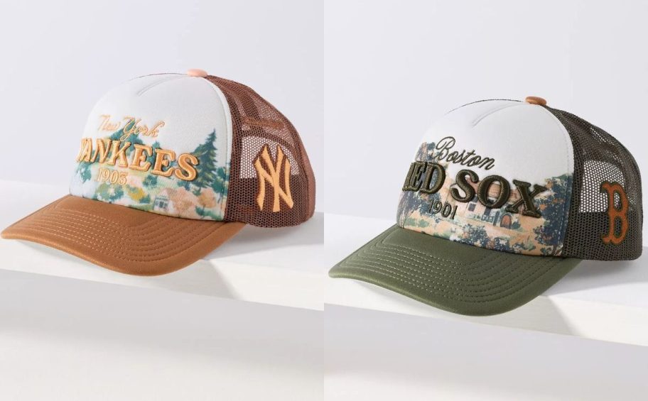 Two Mitchell & Ness MLB Landscape Trucker Hats with NY Yankees and Boston Red Sox Team logos