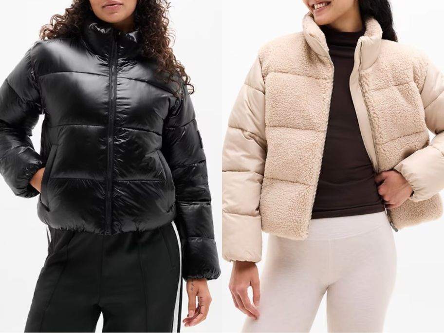 Stock images of two women wearing Athleta Halo Puffer Jackets