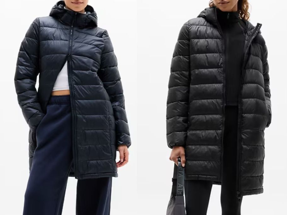 Stock images of two women wearing Athleta Aire Puffer Parkas