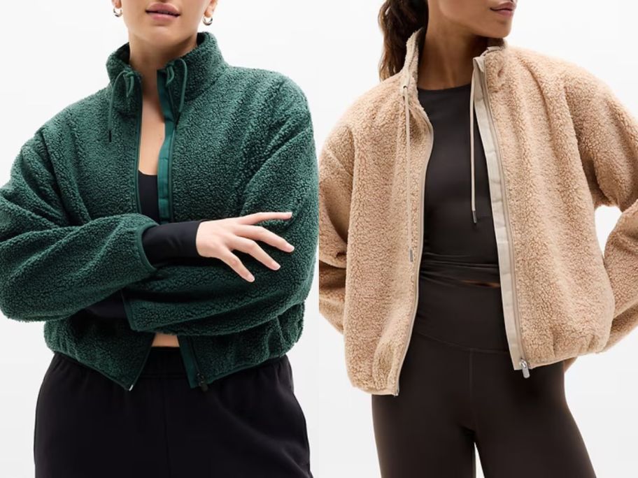 Stock images of two women wearing Athleta In the Clouds Jackets