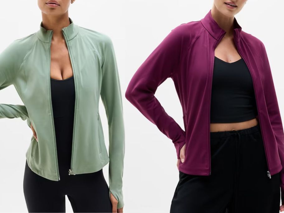 Stock images of two women wearing Athleta Salutation Jacket 2.0