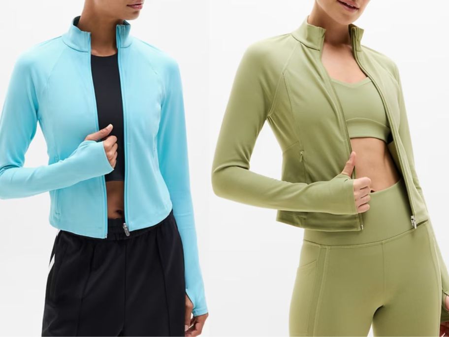 Stock images of two women wearing Athleta Salutation Pop Stitch Crop Jackets