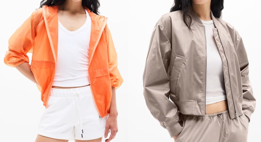 two women in orange and brown jackets