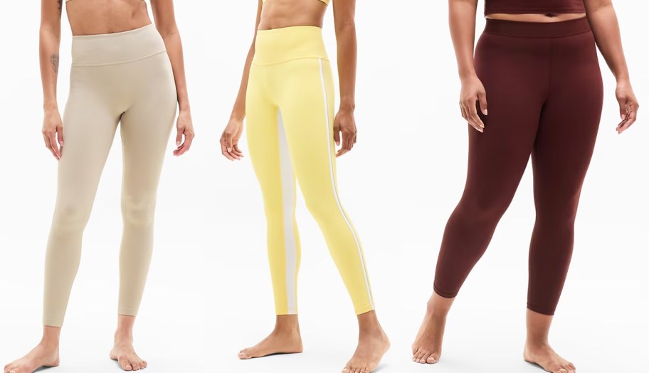 3 women modeling tan, yellow, and maroon leggings