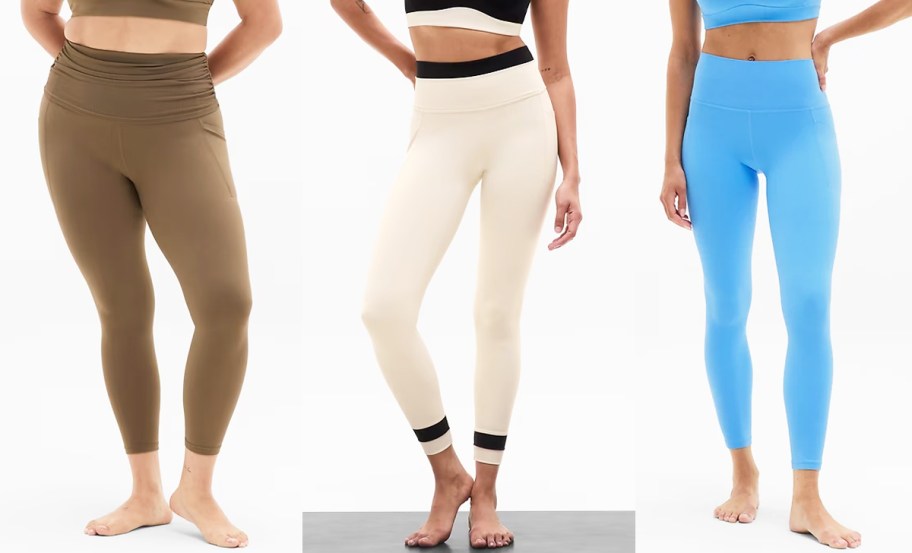 3 women modeling brown, white, and blue leggings