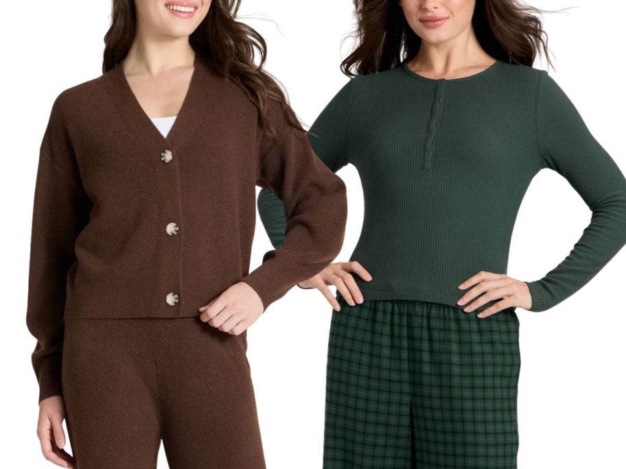 2 women wearing loungewear in brown and green