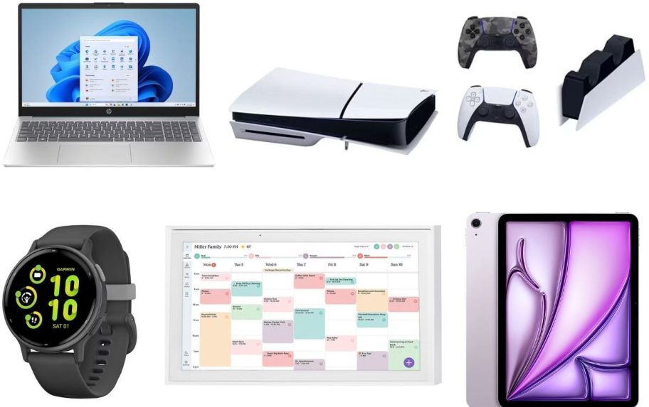 Stock images of a Garmin Smartwatch,a Skylight Calendar, an iPad Air, an HP Laptop, and a Playstation Slim.
