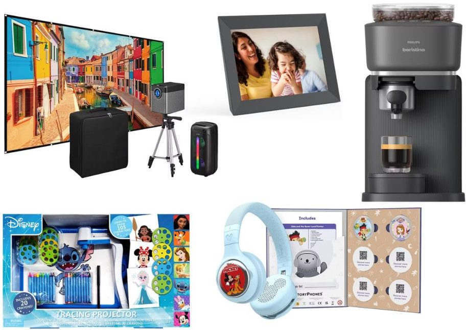 A collage with a Stitch Art Set, Disney Story Phones, a Projector, an Aura Frame, and a philips Coffee maker