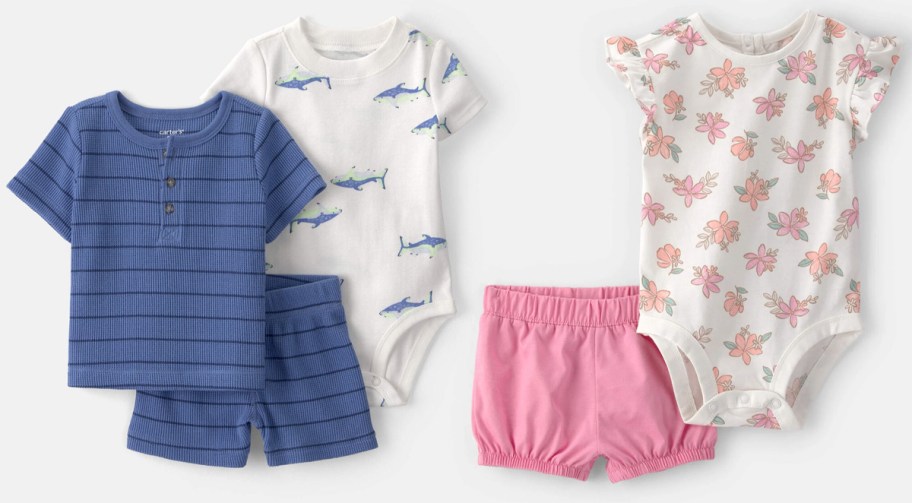 Baby Boy 3-Piece Shark Striped Outfit Set and Baby Girl 2-Piece Floral Bodysuit & Short Set