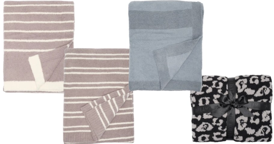 barefoot dreams throw blankets in three striped patterns and black leopard print