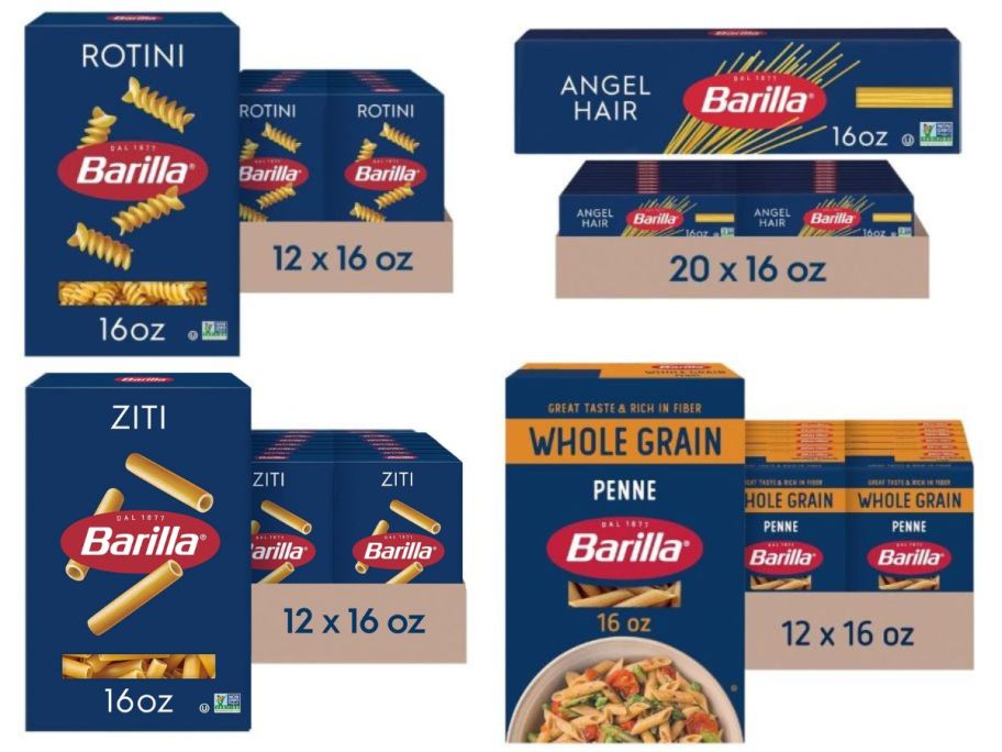 Several blue boxes of Barilla Pasta