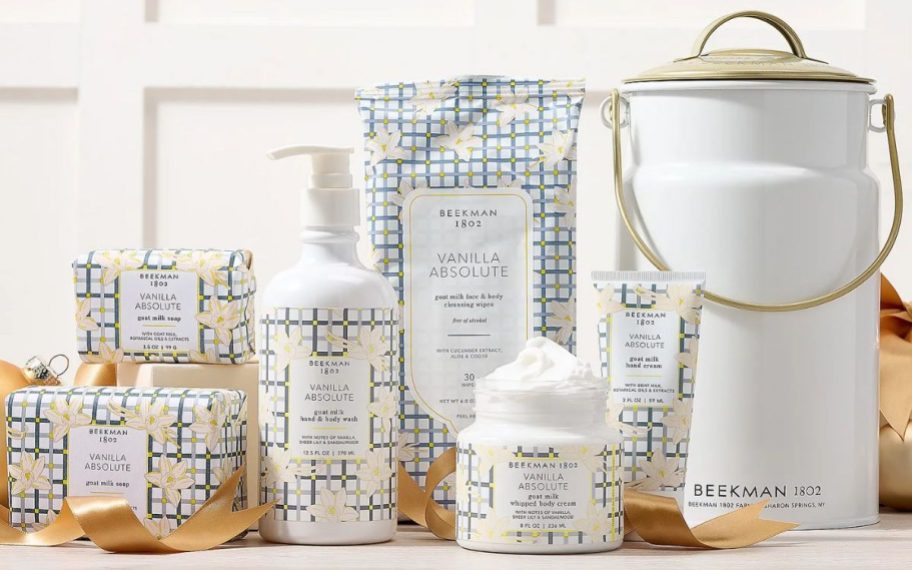 display of the new Beekman 1802 Goat Milk 6-Piece Bath & Body Gift Set w/ Milk Pail