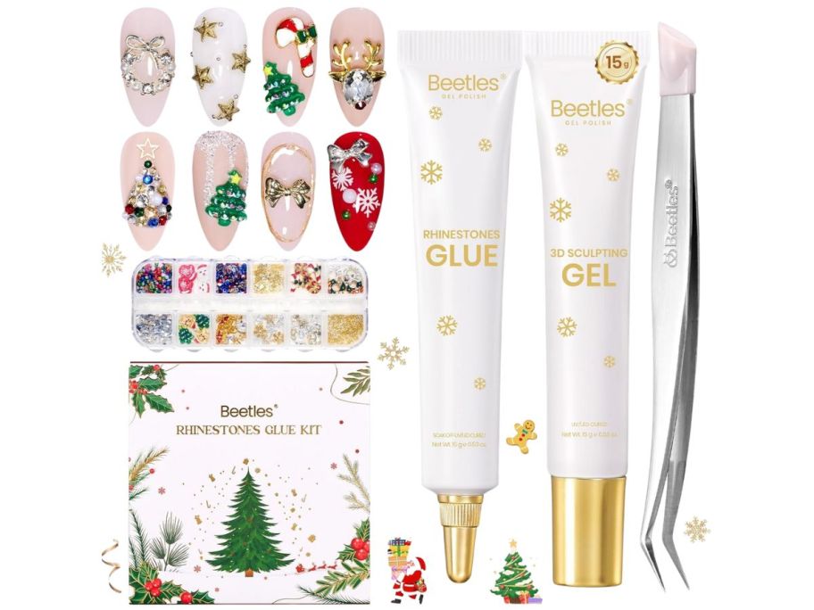 A kit with nails, glue, and rhinestones