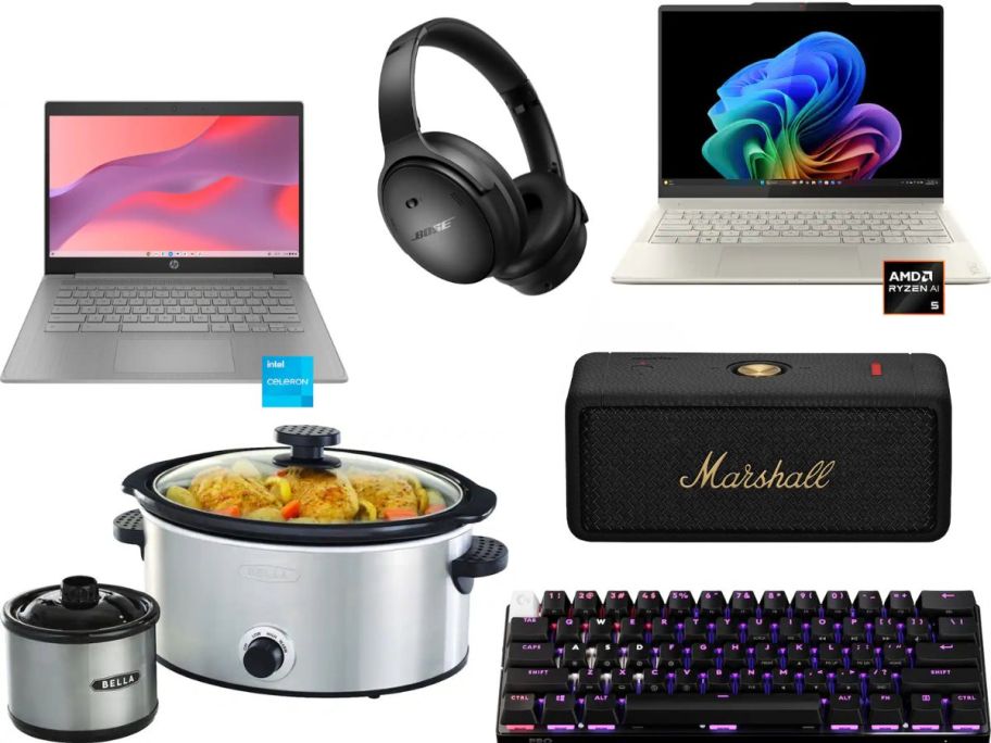 Stock images of Best Buy Bella Appliances, laptops, gaming keyboard, bose headphones and marshall wireless speaker