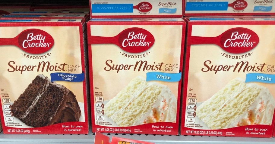 betty crocker white cake mix boxes on store shelf