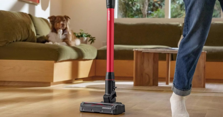 A person is using a red vacuum cleaner on a wooden floor in a living room. A dog is sitting on a green couch in the background.