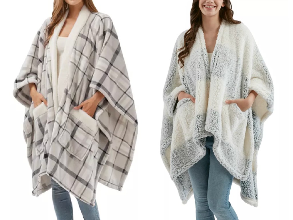 Women wearing cozy blanket wraps with blue jeans