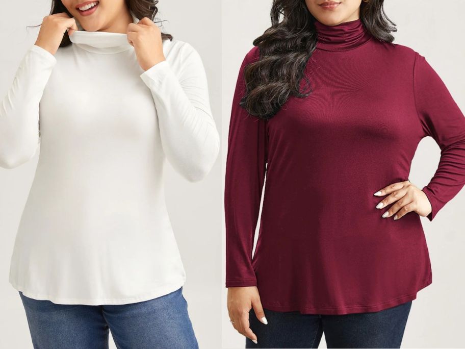 Two Women wearing white and red Bloomchic Turtlenecks