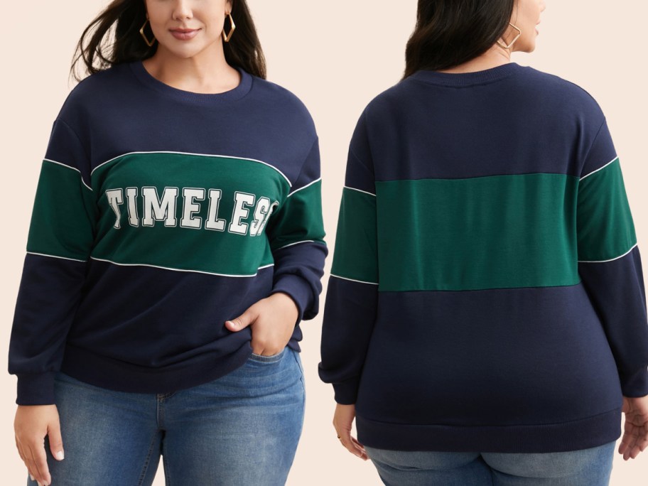 Woman wearing Timeless sweater