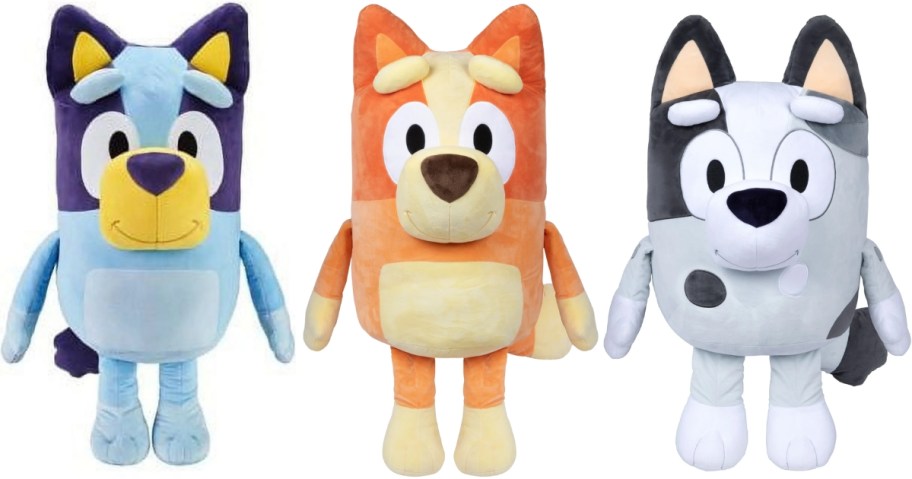 stock images of bluey, bingo, and muffin 3 foot plushes