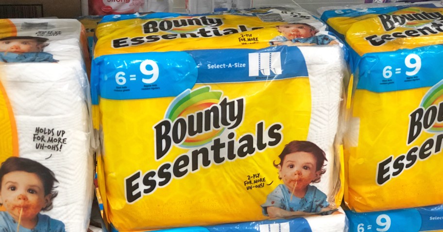 yellow packs of Bounty Essentials paper towels in store
