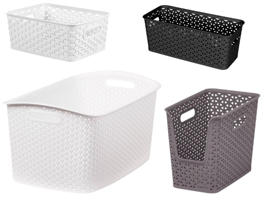 4 plastic storage baskets in gray, white, and black