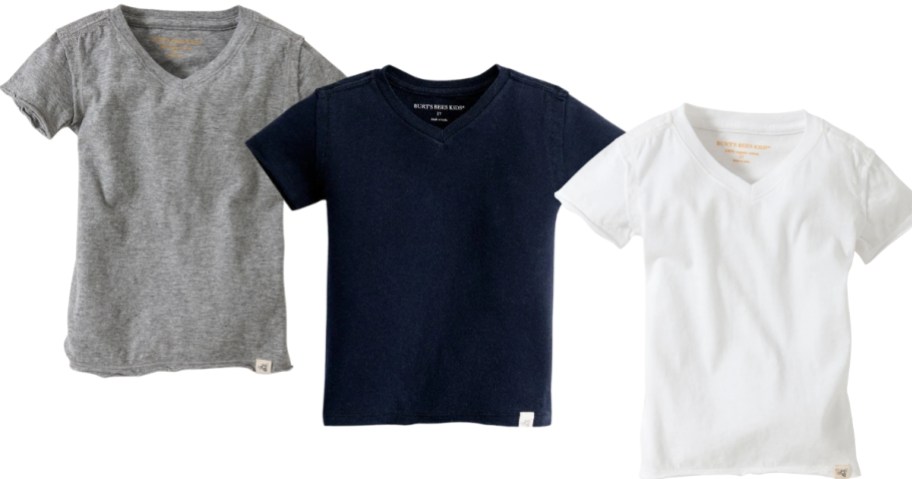burt's bees baby v-neck t-shirt in gray, navy, and white