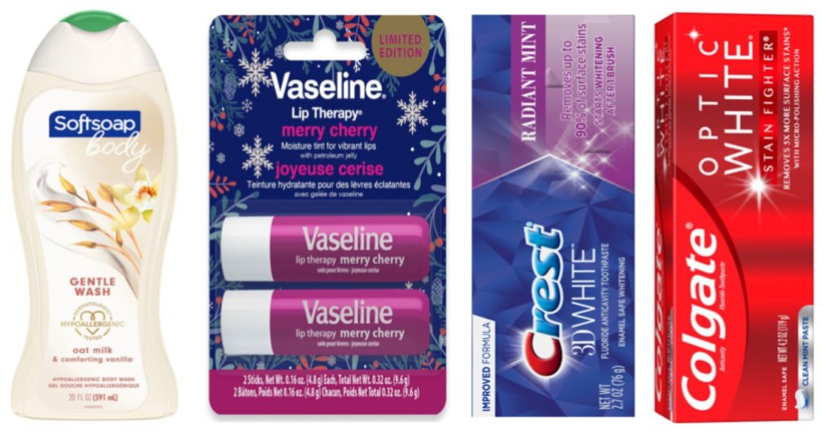 body wash, lip gloss and 2 tubes of toothpaste