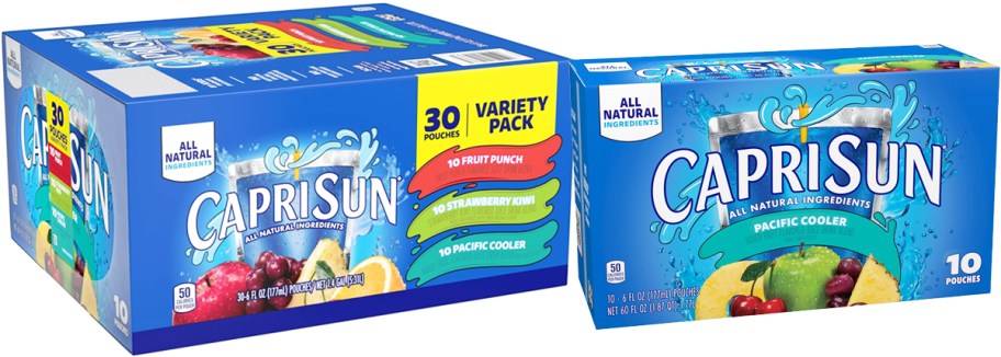 two blue boxes of Capri Sun juice pouches
