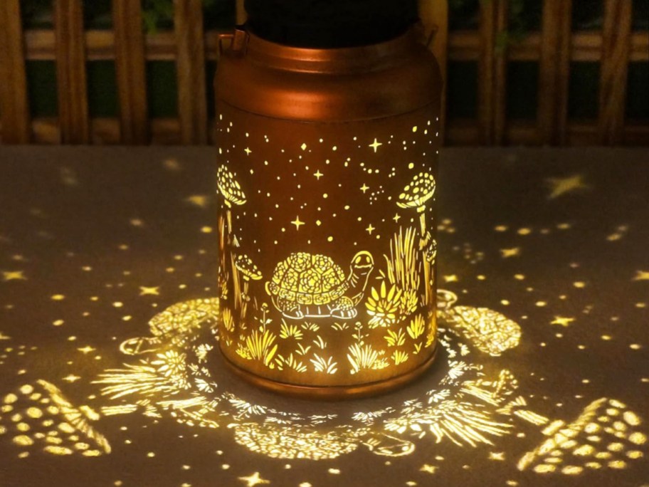 solar lantern casting turtle and mushroom pattern on table