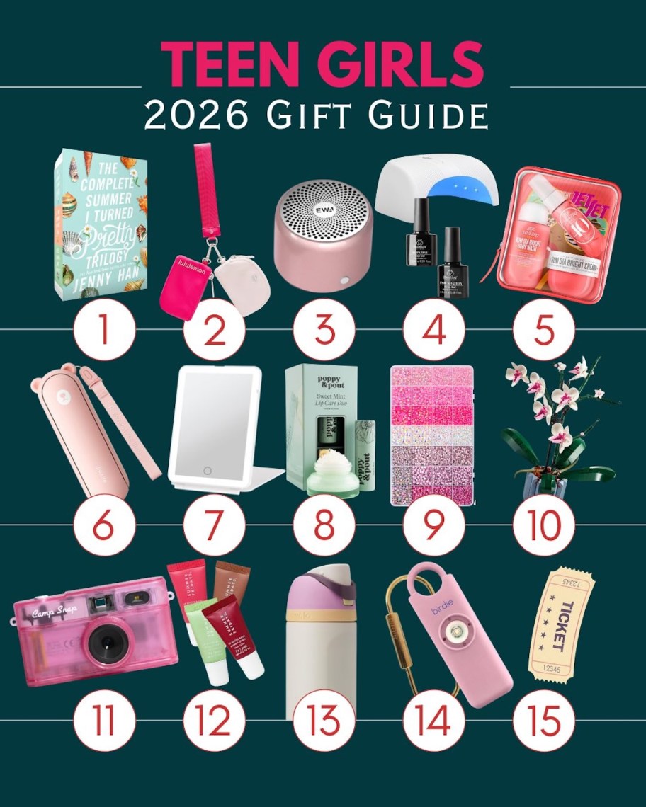 teen girl 2026 gift guide with various gift ideas numbered