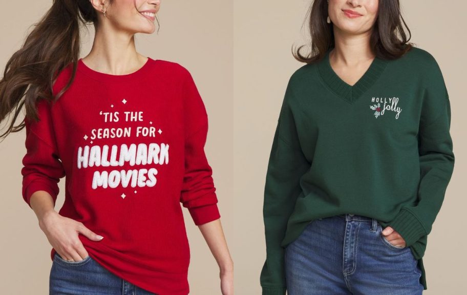 two different Christmas sweatshirts 