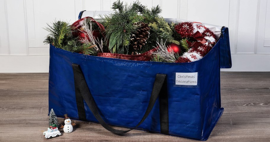 blue moving storage bag with christmas decor