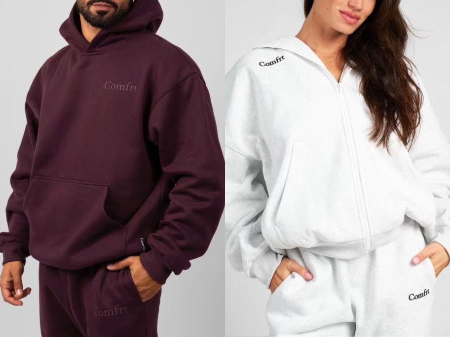 Stock images of a man and a woman wearing Comfrt Hoodies