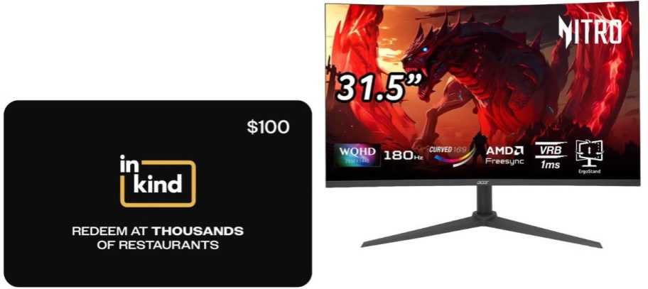 Stock images of an InKind Restaurant Gift Card and an Acer Gaming Monitor
