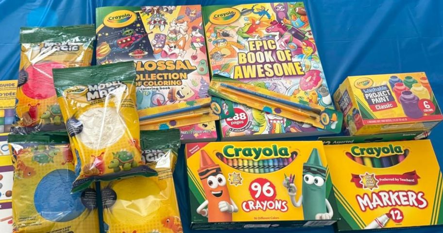 Crayola Art Box contents with Crayons, Markers, Coloring Books, Model Magic Clay, and mroe.