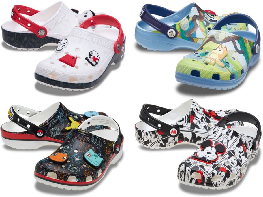 Stock images of 4 Crocs clogs with Pokemon, Mickey & Minnie, Snoopy and Bluey