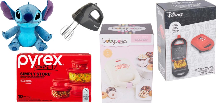 stitch toy, kitchen appliances, and pyrex set