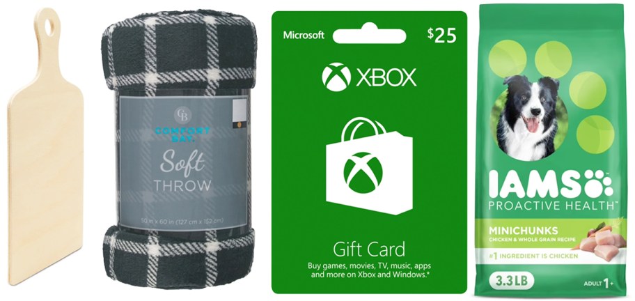 cutting board, throw blanket, xbox gift card, and iams dog food