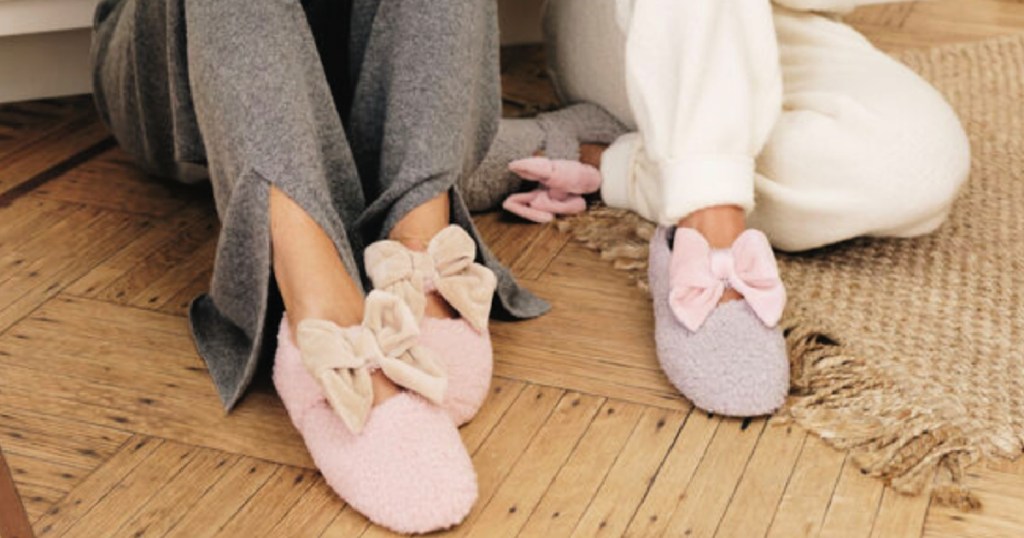 women wearing Dearfoams Women's Maryanne Luxe Teddy Maryjanes in kitchen