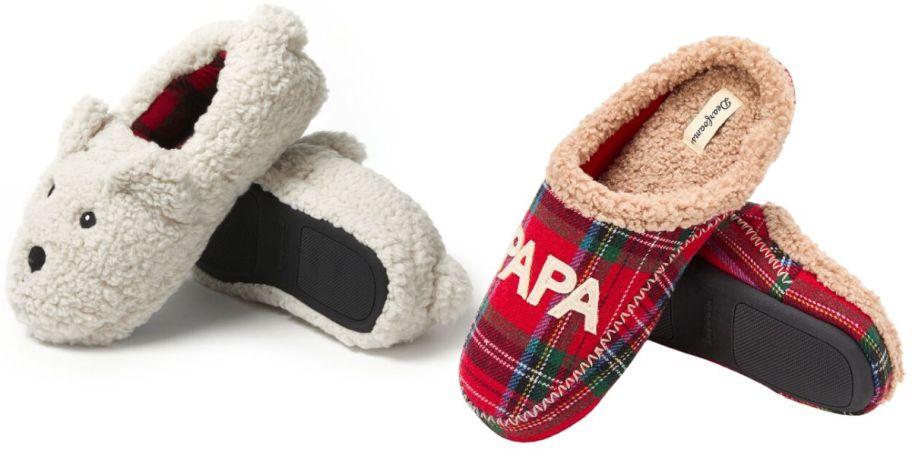 2 pairs of slippers one looks like a bear and the other says papa
