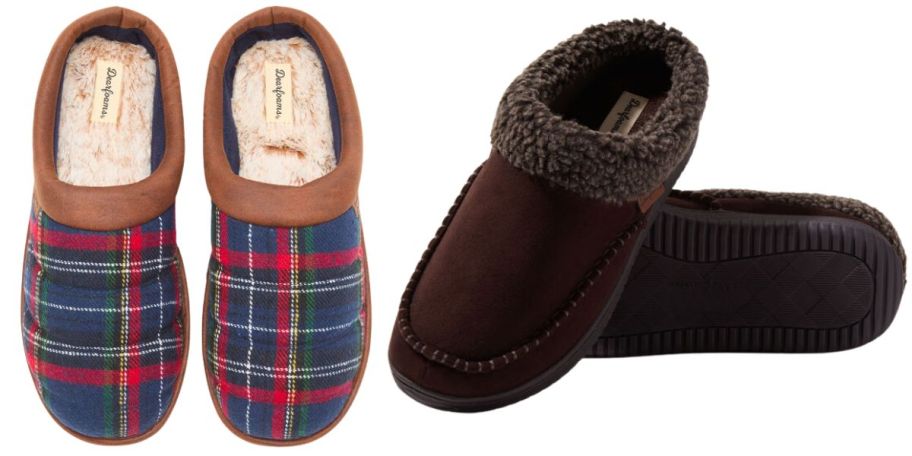 2 pairs of slippers one plaid and the other brown