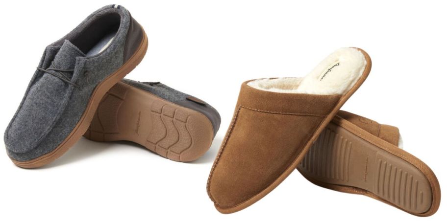 2 pairs of slippers one gray and the other brown
