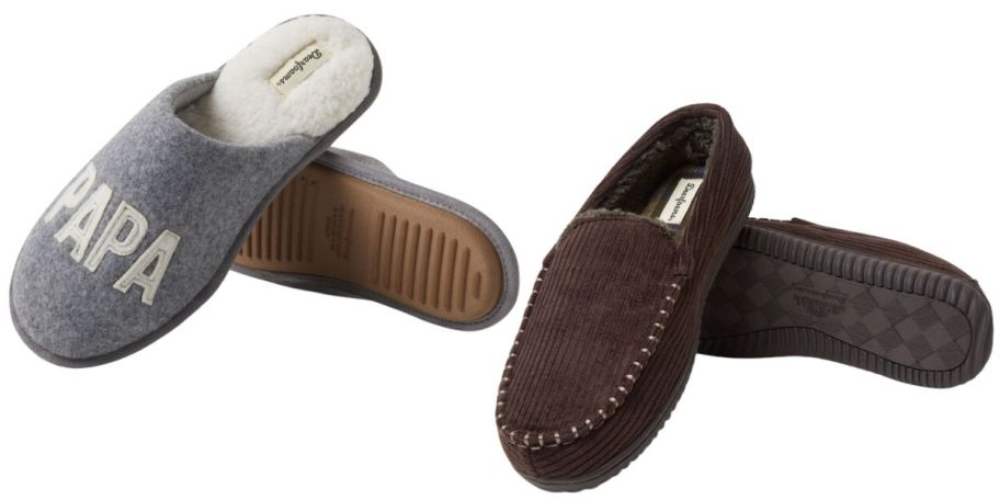 2 pairs of slippers one gray with Papa written on it and the other brown