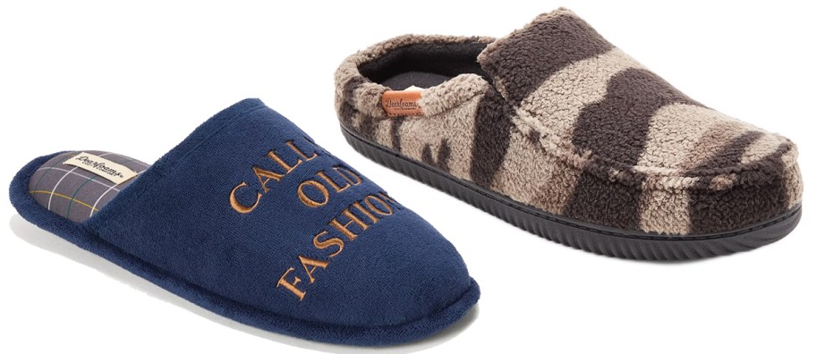 blue and brown camo print slippers