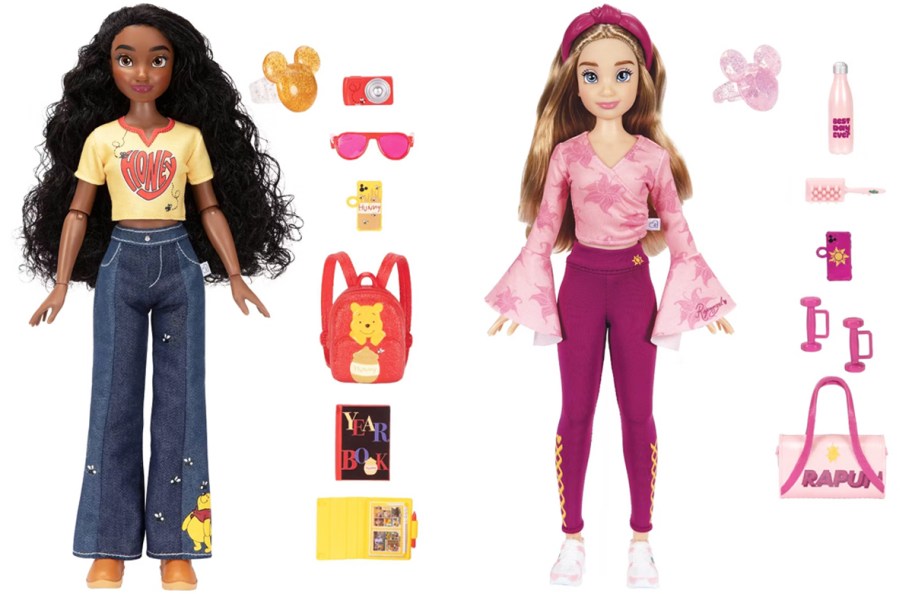 two disney dolls with accessories