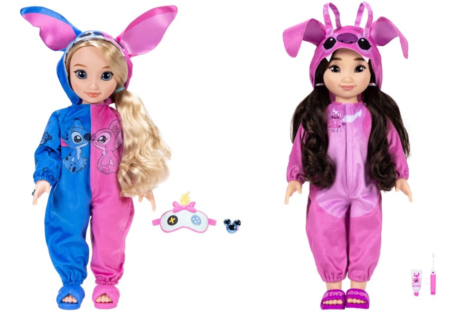 two disney stitch dolls with accessories