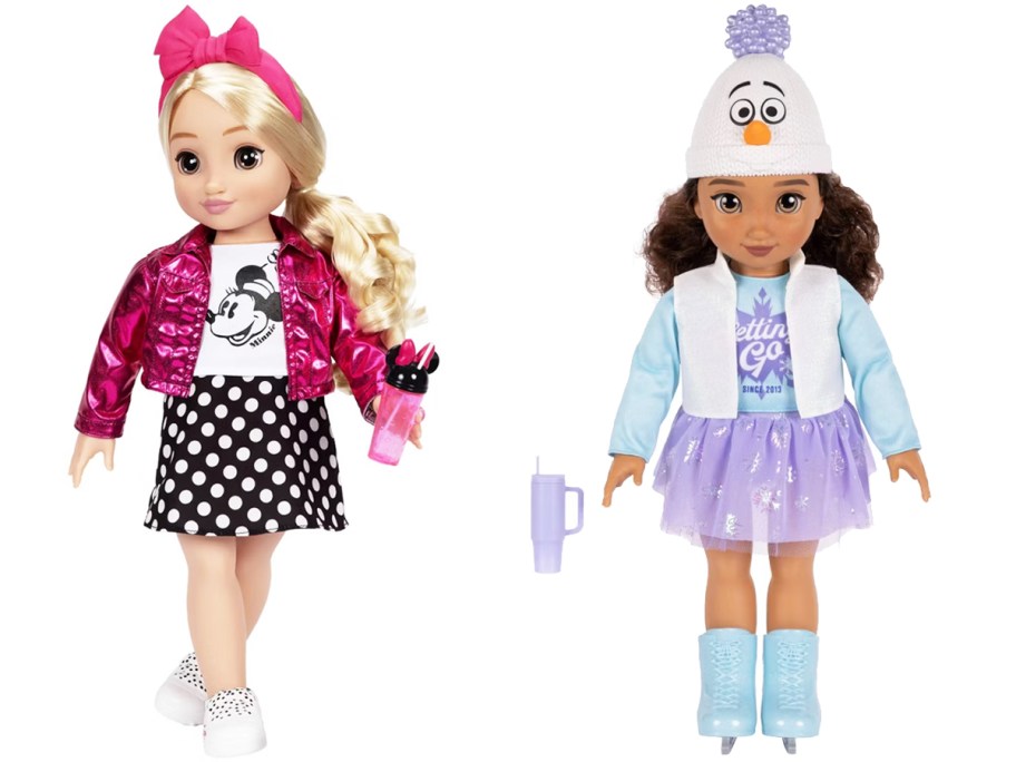 two disney dolls with accessories