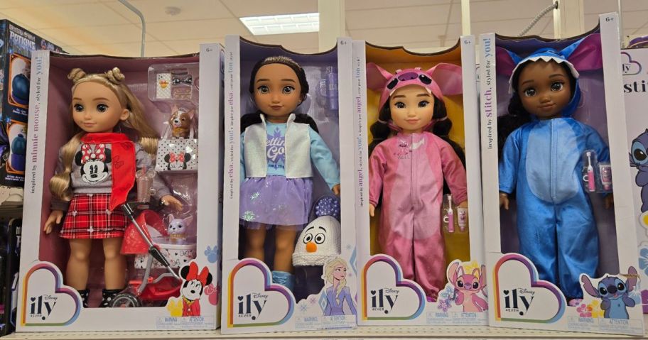 4 Disney ily Dolls on a shelf