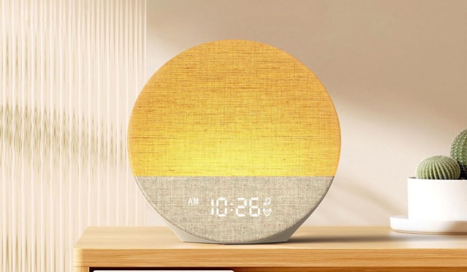 Dreamegg Sunrise Alarm Clock on a table next to a cactus